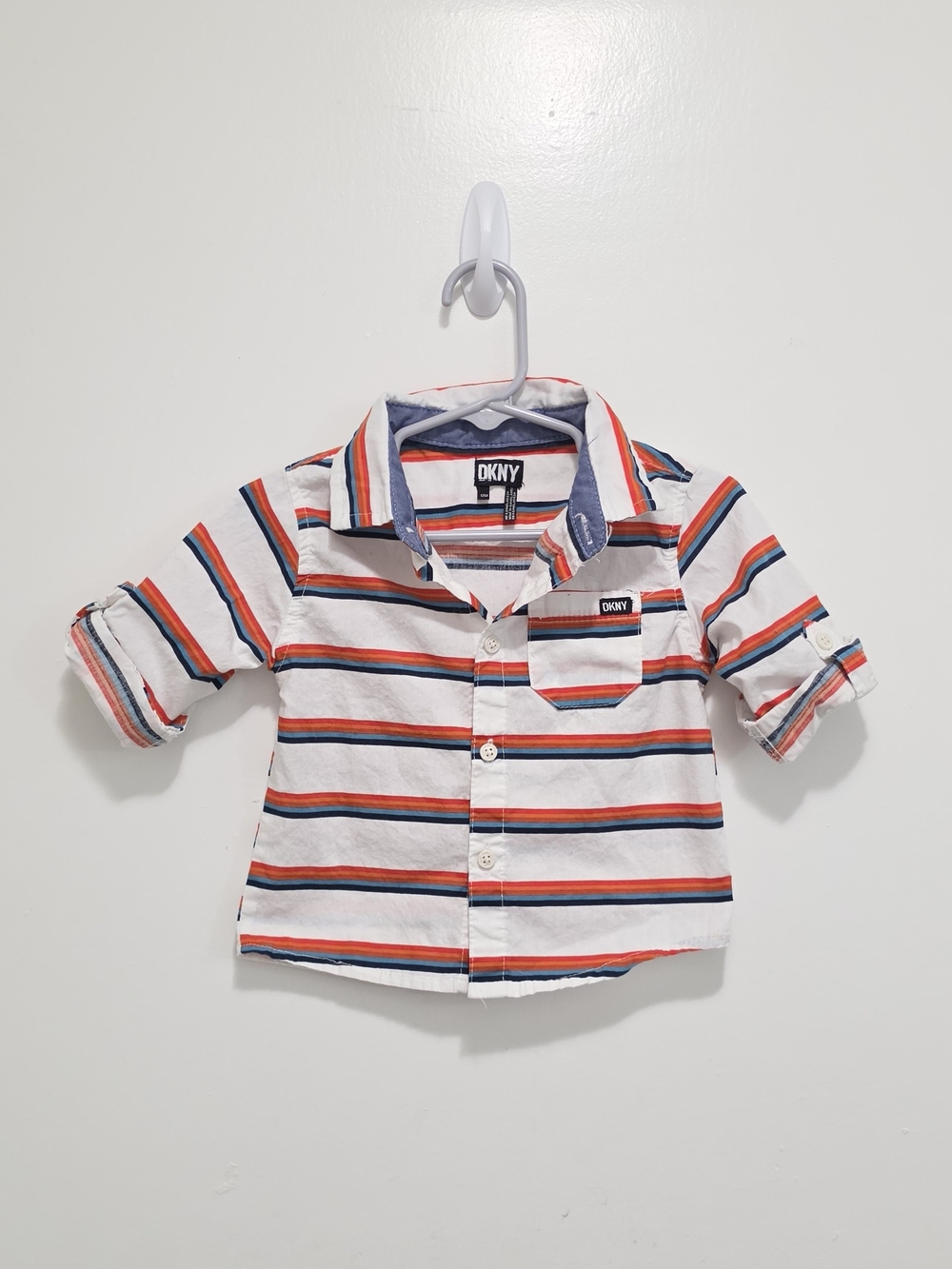 DKNY White Button-Down Shirt with Red and Navy Stripes